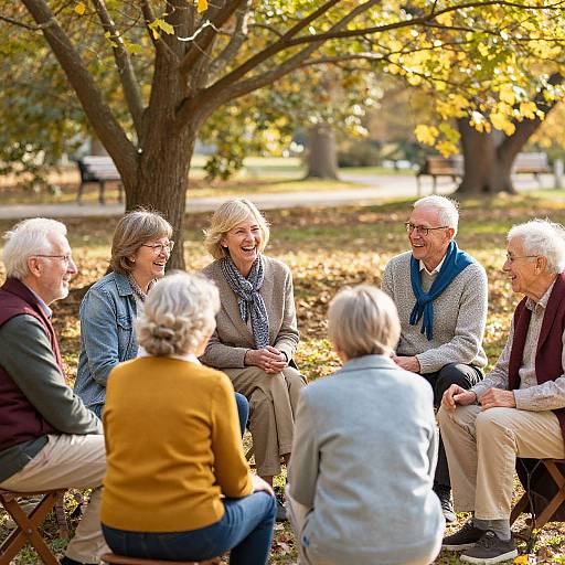 Photograph of six elderly friends laughing and chatting outdoors under a tree with autumn leaves, wearing cozy fall clothes in a park.