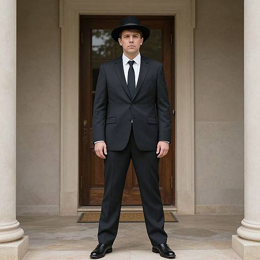 Photograph of a serious, Caucasian man in a black suit, white shirt, black tie, and black hat, standing in front of a wooden door