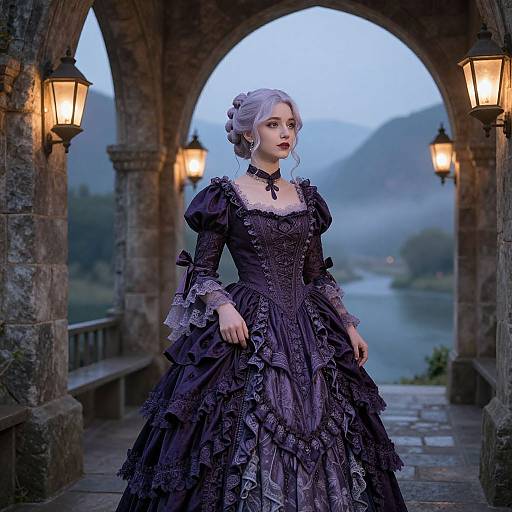 Gothic-style photograph: Pale-skinned woman with silver hair in elaborate black lace dress, standing under stone archway, lanterns glowing, mist