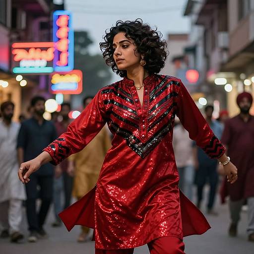 Photograph of a curly-haired woman in a shiny red kurta with black sequins, dancing in a bustling evening street with neon signs and blurred pedestrians
