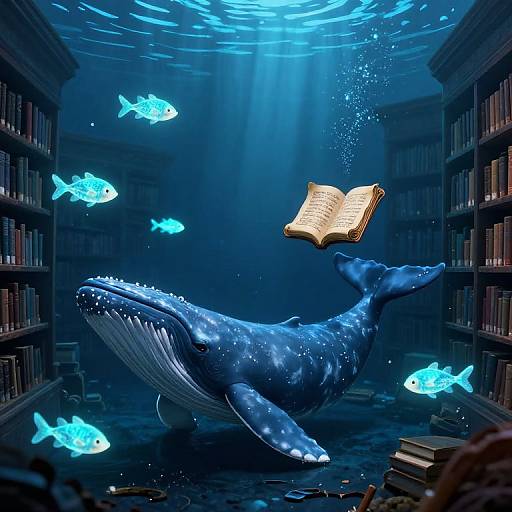 Digital illustration of a blue whale underwater in a library, reading an open book with glowing fish surrounding it.