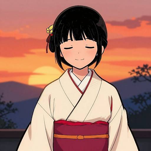 Comic Girl in Kimono at Sunset