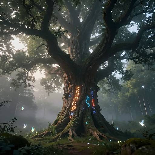 Digital fantasy artwork of a massive, enchanted tree with colorful, glowing runes on its trunk, surrounded by ethereal butterflies in a misty forest.