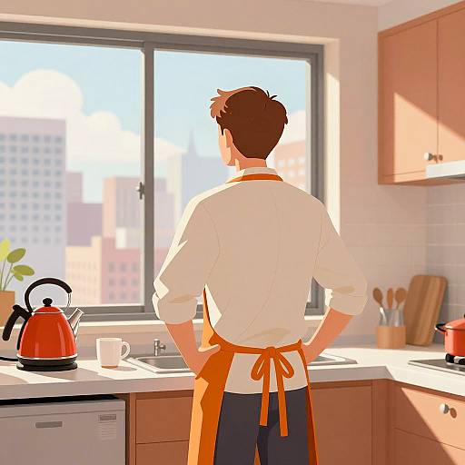 City Kitchen with Man and Kettle