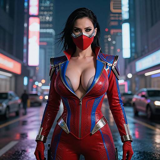 CGI image of a curvy woman with dark hair, large breasts, wearing a red, blue, and silver superhero suit, red mask, standing