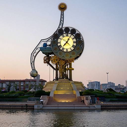 Photograph of a large, whimsical clock tower with a clock face, mechanical arms, and golden sunburst on top, set against a pink-orange