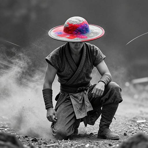 Photograph of a muscular male samurai in dark, tattered clothing, kneeling with a glowing, multicolored hat, surrounded by smoke. Mon