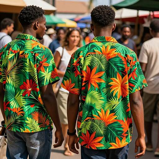 Photograph of two Black men with short curly hair, wearing vibrant green Hawaiian shirts with red and orange tropical patterns, standing in a crowded outdoor market.