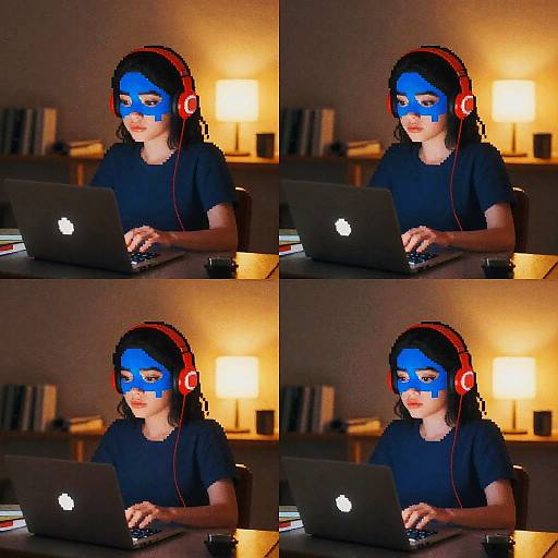 Photograph of a woman with blue face paint, red headphones, black shirt, typing on a MacBook in a warmly lit room.