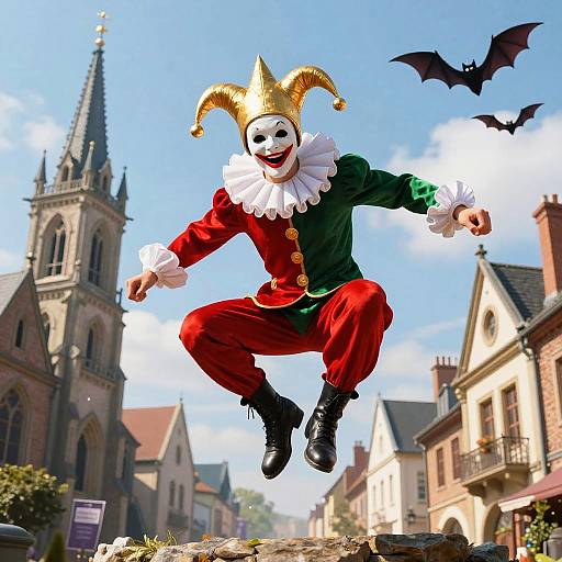 Colorful Jester Over Gothic Town