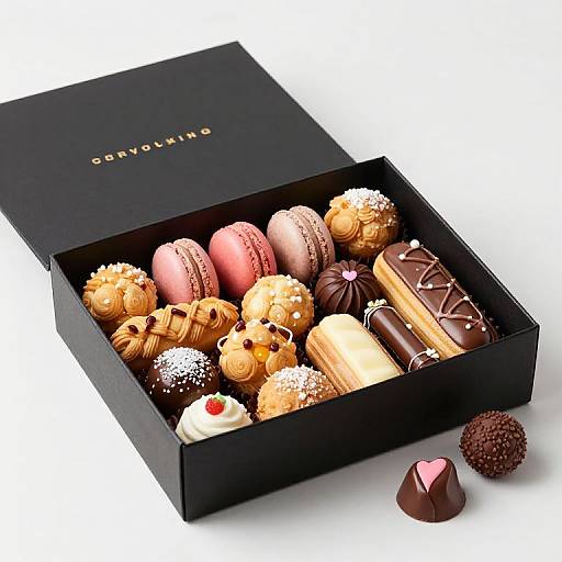 Photograph of an open black Dom Pérignon box filled with assorted colorful, decorated donuts, including chocolate, pink, and cream varieties, with