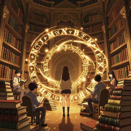 Magical Anime School Library Scene