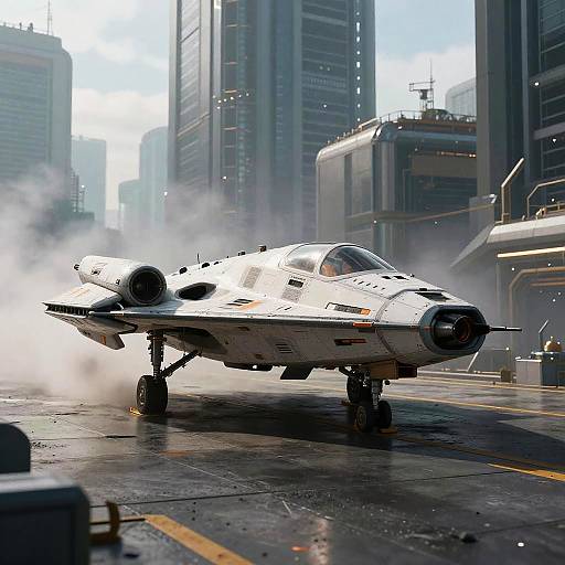 Dystopian City with Sleek Spaceship