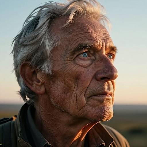 Photograph of an elderly white man with weathered face, blue eyes, and white hair, illuminated by sunset light, gazing thoughtfully into the