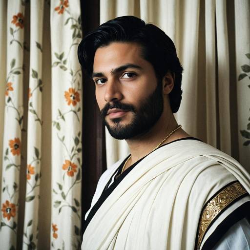 Man Wearing White Toga with Gold Detail