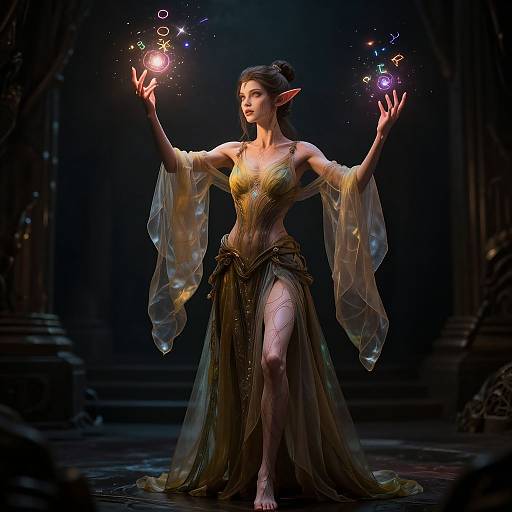 Digital art of a mystical, elven woman in a glowing, translucent gown, casting colorful magic spells with outstretched arms in a dimly lit