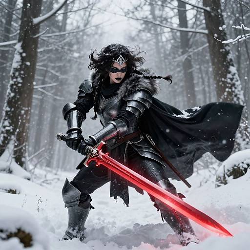 Digital artwork of a fierce, black-haired warrior in silver armor wielding a glowing red sword in a snowy forest. Snow-covered trees form the background. Dynamic