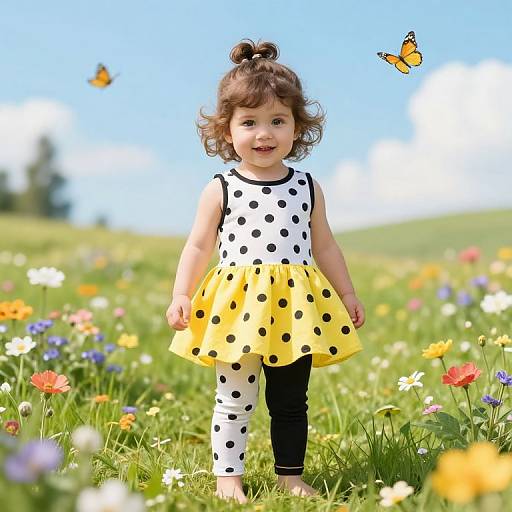 Photograph of a smiling toddler with curly brown hair, wearing a yellow polka dot dress and black leggings, standing in a colorful meadow with butterflies