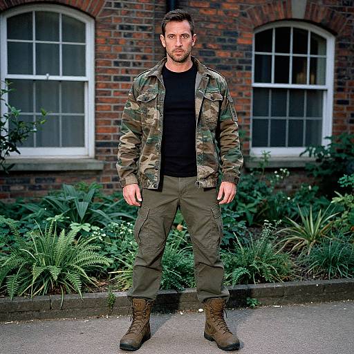 Photograph of a muscular, bearded man in camouflage jacket, black shirt, olive pants, brown boots, standing in front of a brick building with