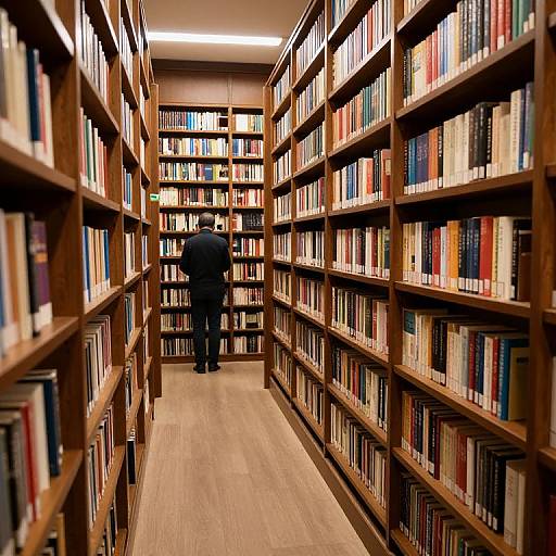 Photograph of a narrow library aisle with wooden shelves filled with colorful books, viewed from behind a solitary man in a black coat standing at the end.