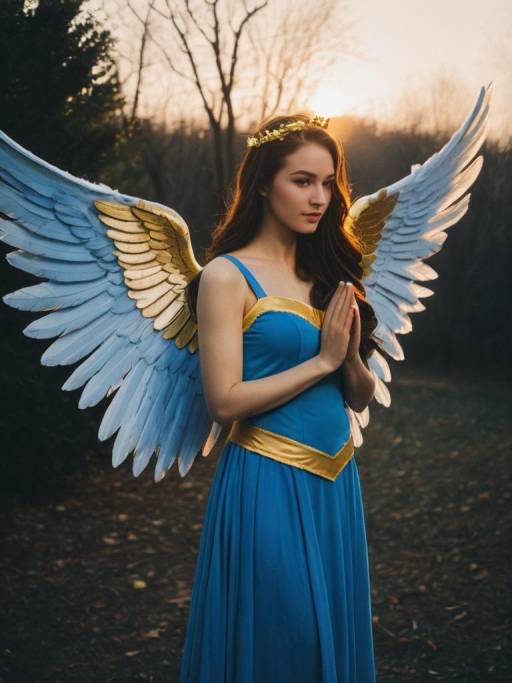 Woman in Blue Angel Wings Costume at Twilight
