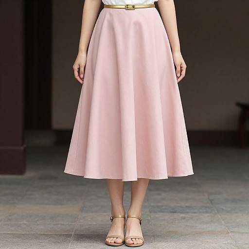 Photograph of a woman in a pale pink, knee-length, A-line skirt, beige sandals, and white top with a gold belt.