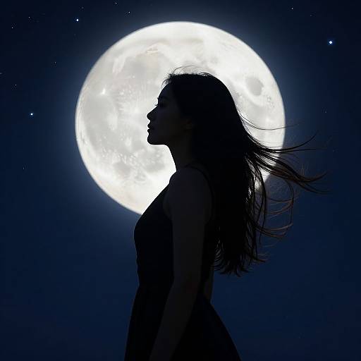 Silhouetted woman with flowing hair stands in profile against a bright full moon in a starry night sky. Digital art.