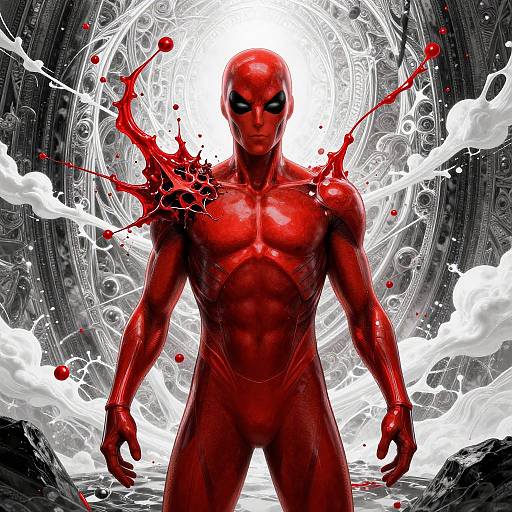 Digital comic art: muscular, bald, red-skinned man with black eyes, standing naked, blood splatters, circular white and gray background, intense