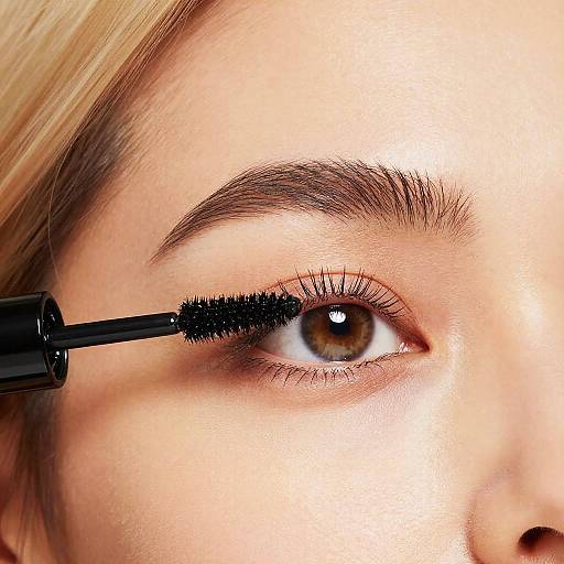 Close-up photograph of a fair-skinned woman's right eye with blonde hair, applying black mascara to her upper lashes.