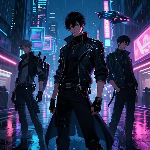 Digital anime artwork of three dark-haired men in black leather jackets, standing in a neon-lit, rainy cyber city street.