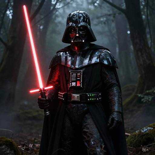 Photograph of Darth Vader in forest, holding glowing red lightsaber, black armor glistening, misty background, dark and ominous atmosphere.
