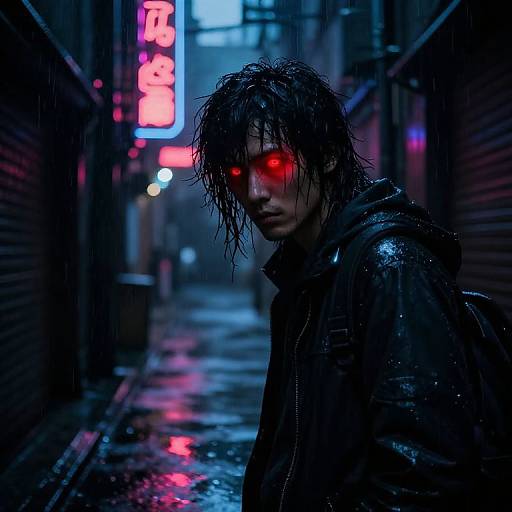 Cyberpunk alley at night: Wet-haired man with glowing red eyes, black leather jacket, neon signs, and rain-soaked street. Digital art