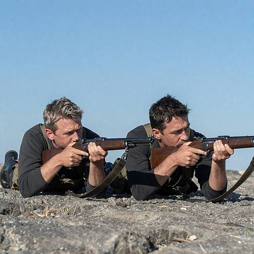 Rugged Marksmen Lying on Rocky Beach