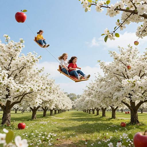 Photograph of two children and one adult swinging on ropes between apple trees, with red apples and white blossoms, bright blue sky, and green grass