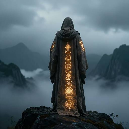 Mysterious hooded figure with glowing runes stands on rocky peak, facing misty mountains under a cloudy, blue-gray sky. Photograph.