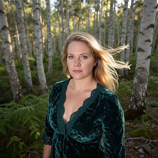 Photograph of a blonde woman with blue eyes, wearing a deep green velvet dress with lace trim, standing in a sunlit birch forest.