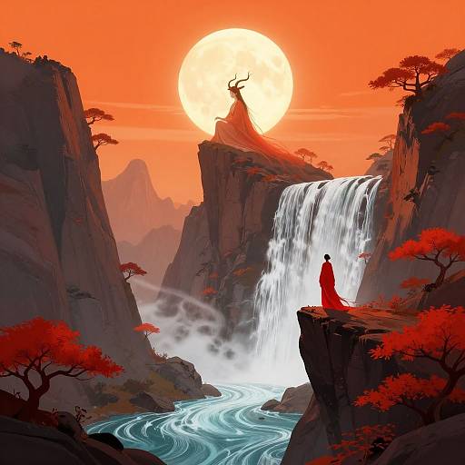Digital art of a person in a red robe standing on a cliff, watching a waterfall and sunlit, orange sky.