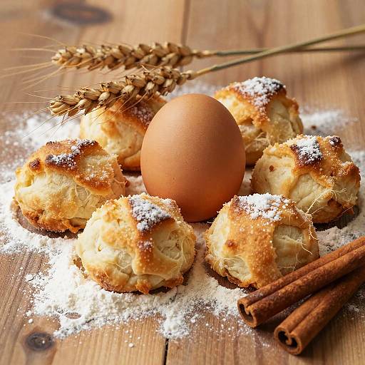 Photograph of golden, sugar-dusted pastries, brown egg, wheat stalks, and cinnamon sticks on a wooden table with flour.