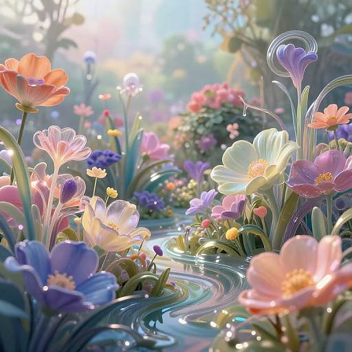 Digital CGI of a vibrant, sunlit garden with colorful flowers (pinks, purples, whites) blooming around a gently rippling water stream