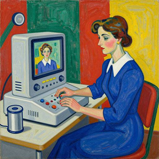 Fauvist-style painting of a woman in a blue dress typing on an old-fashioned computer, with a monitor showing her image. Colorful,