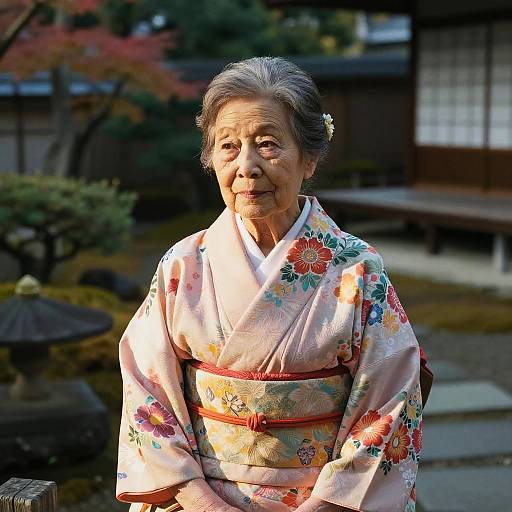 Elderly Woman in Serene Japanese Garden