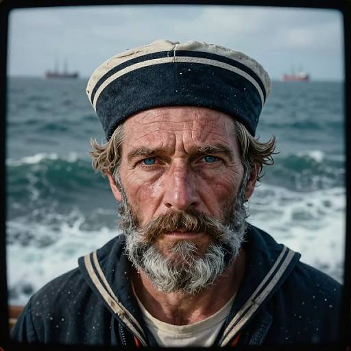 Photograph of a rugged, middle-aged man with gray beard and blue eyes, wearing a black sailor hat and navy shirt, standing by the ocean with
