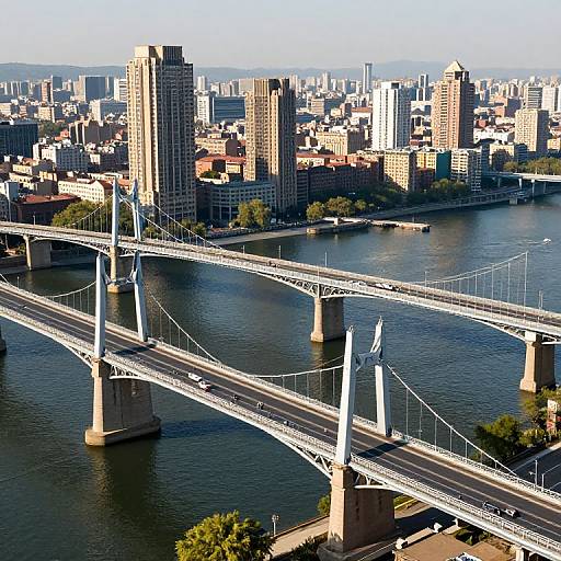 Photograph of a sunlit cityscape featuring a white suspension bridge over a river, with tall skyscrapers and dense urban buildings in the background.