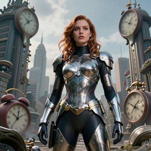 Digital artwork of a red-haired woman in silver and black armored suit, standing in a steampunk city with large clock towers.