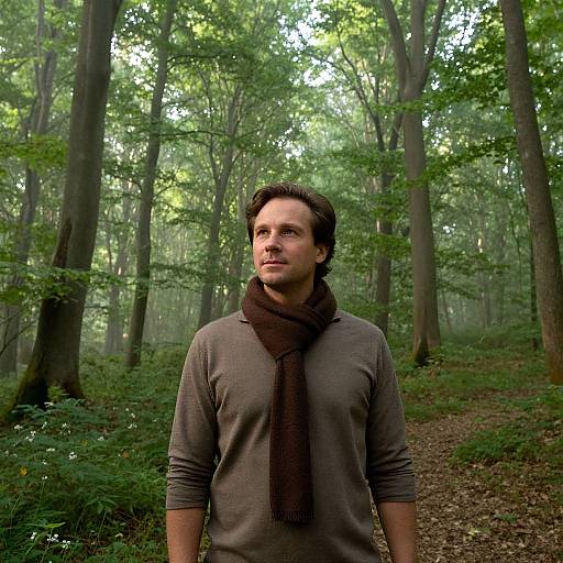 Man in Brown Amidst Serene Forest