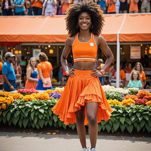 Cheerleader in Orange Outfit at Farmers' Market