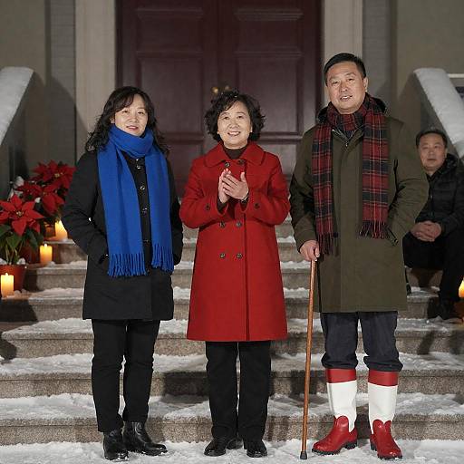 Joyful Gathering on Snowy Steps at Night