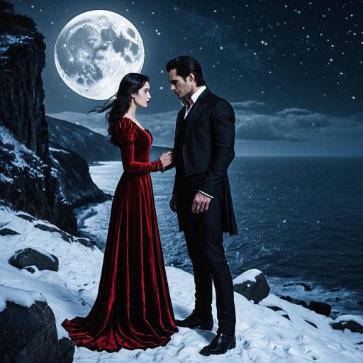 Romantic Vampire Couple on Snowy Cliff Under Full Moon