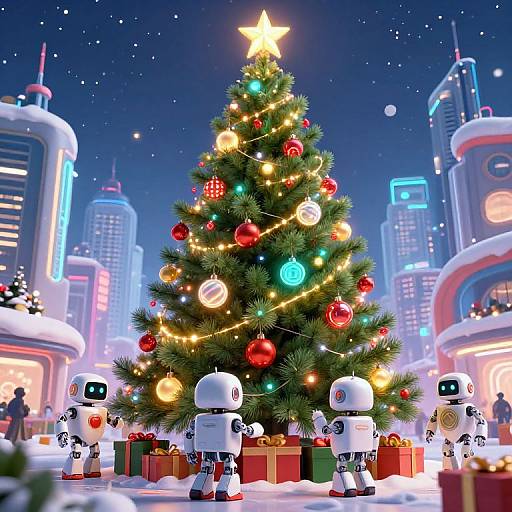 Digital artwork of four cartoon robots decorating a glowing Christmas tree in a futuristic, neon-lit cityscape at night.
