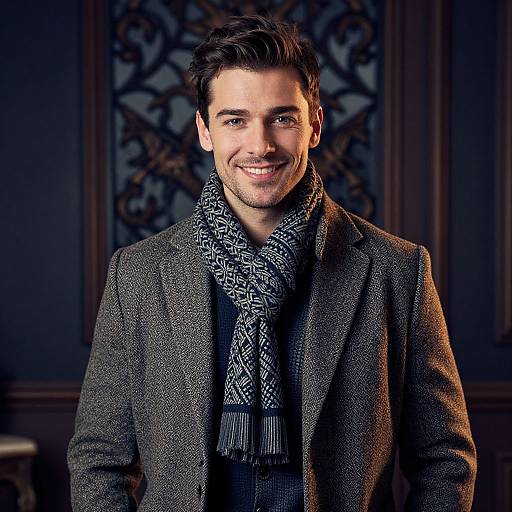 Photograph of smiling young man with dark hair, wearing gray textured blazer and black patterned scarf, in dimly lit, ornate room.
